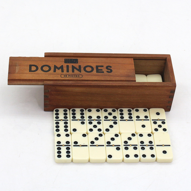 28 Tiles Double 6 Dominoes (Pips/Dots) Game Set - Jumbo Tournament Size Dominos with Dark Oak Wood Case