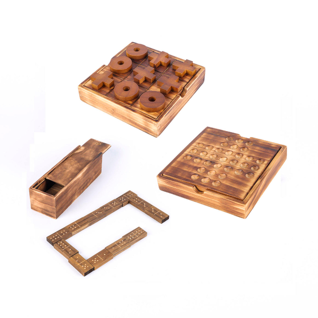3 Wooden Board Games in 1 Set Education Toy Toe-Coffee Table Decor Wholesale Tic Tac Toe XO Peg Solitaire Double 6 Dominoes