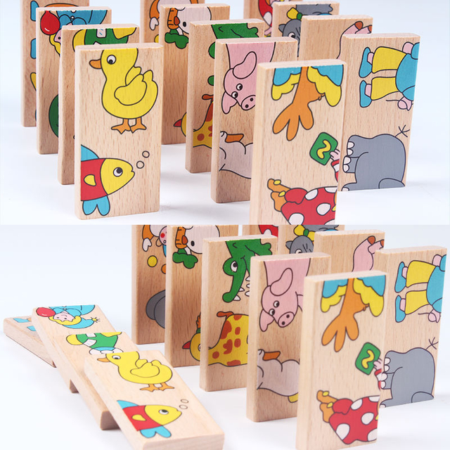 14 Pcs of Educational Wooden Toy Domino Animal Puzzles Kids Game Gift Domino Tiles Set for Toddler