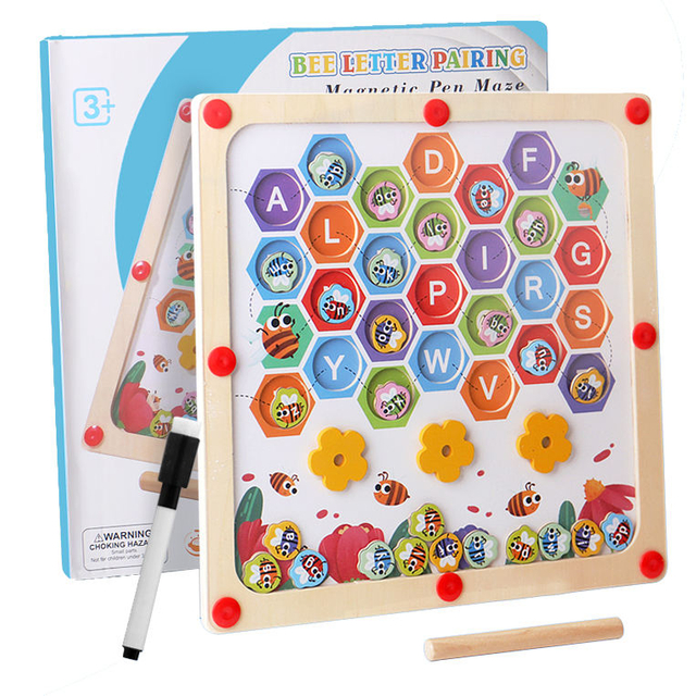 Magnetic Alphabet Maze Board with Whiteboard for Painting and Writing Wooden Matching Letter Game Montessori Toys for Preschool