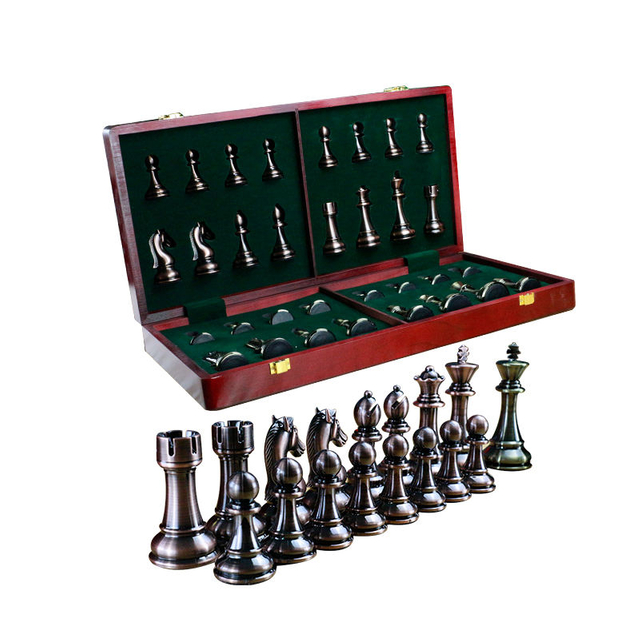 Luxury Travel Chess Set with Classic Metal Pieces and Folding Storage Wooden Chess Board.
