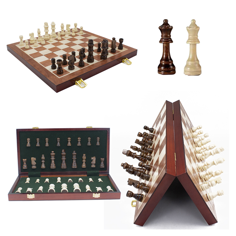 Luxury Travel Chess Set with Classic Metal Pieces And Folding Storage Wooden Chess Board