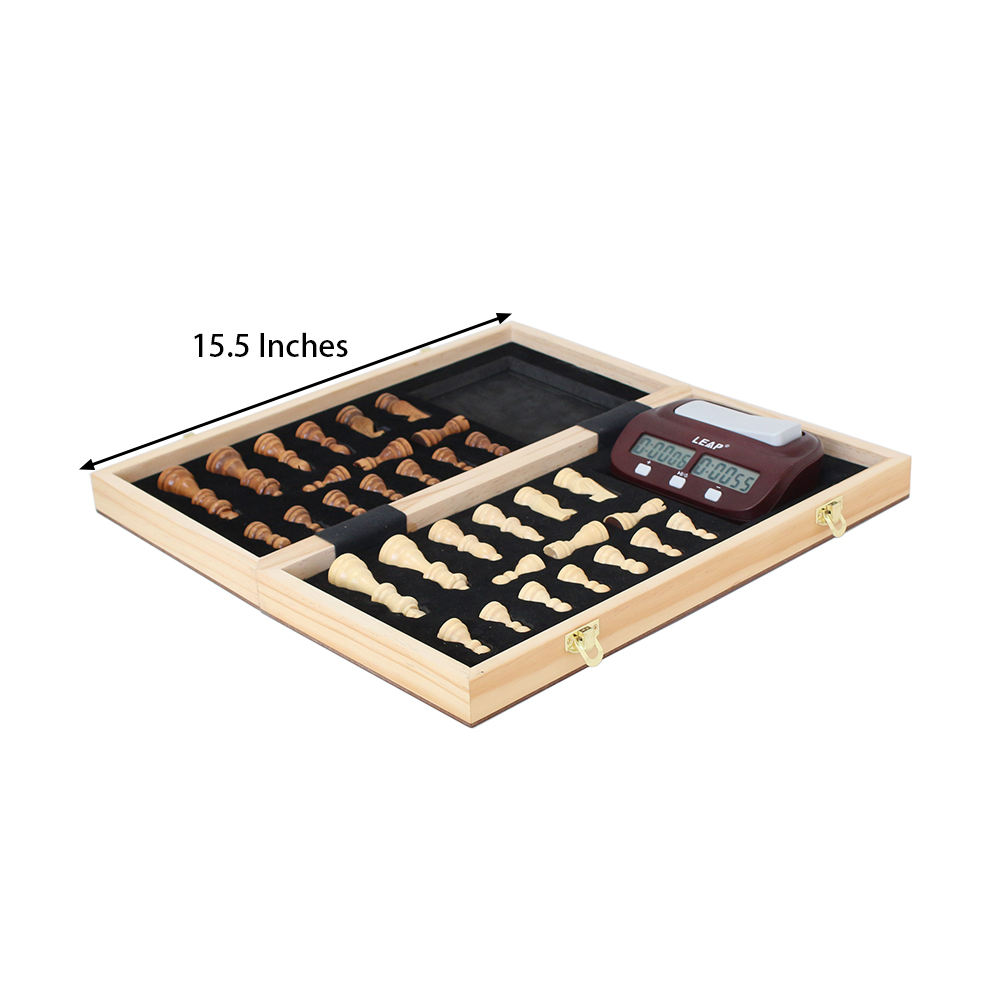With Digital Clock Timer 15.5" Wooden Felted Chess Game Set Wooden Chess Board Interior Storage Chess Pieces Foldable Chessboard