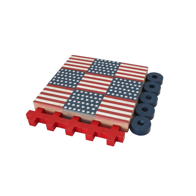 American Flag Themed W ooden Tic Tac Toe Game Set Asterisk-Shaped Travel Board Game Family Party Game Mini XO for Kids and Adults