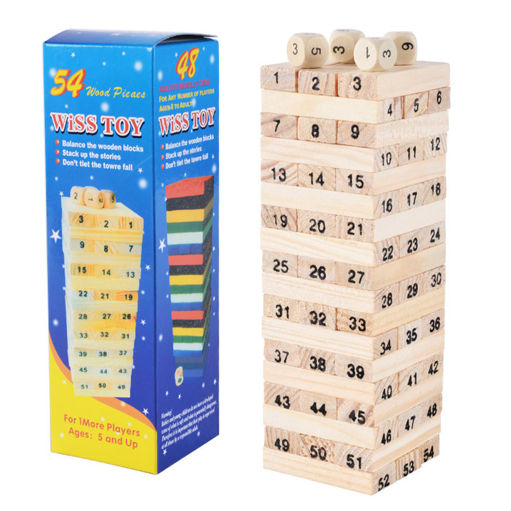 48pcs 54pcs Colorful Wooden Tumbling Tower Game Set Number Print Tumble Tower with Dice and Penalty Cards for Tabletop Fun