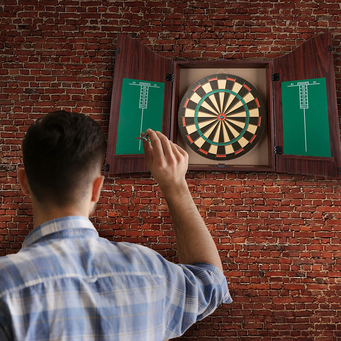 Wooden Dartboard Game Set Bundle with Steel-Tip Darts, Integrated Storage, Dry Erase Scoreboard