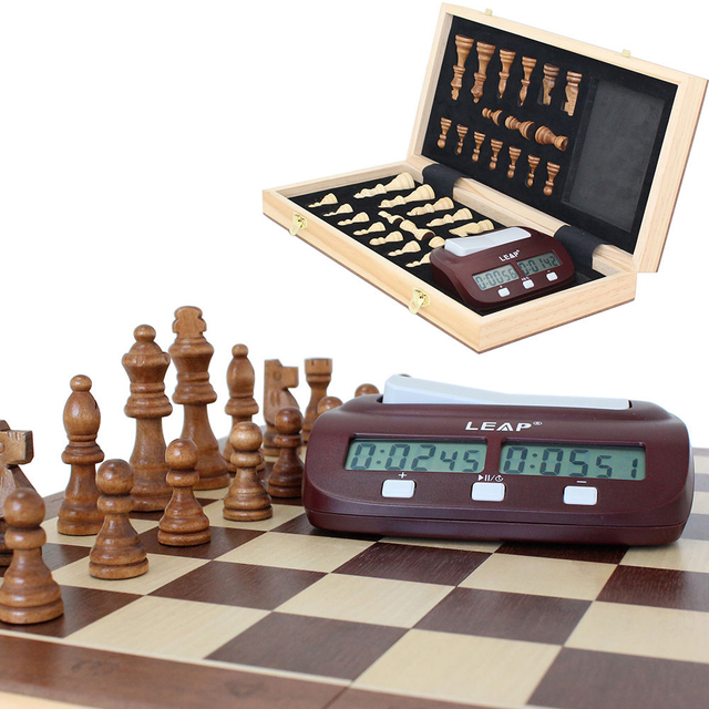 With Digital Clock Timer 15.5" Wooden Felted Chess Game Set Wooden Chess Board Interior Storage Chess Pieces Foldable Chessboard