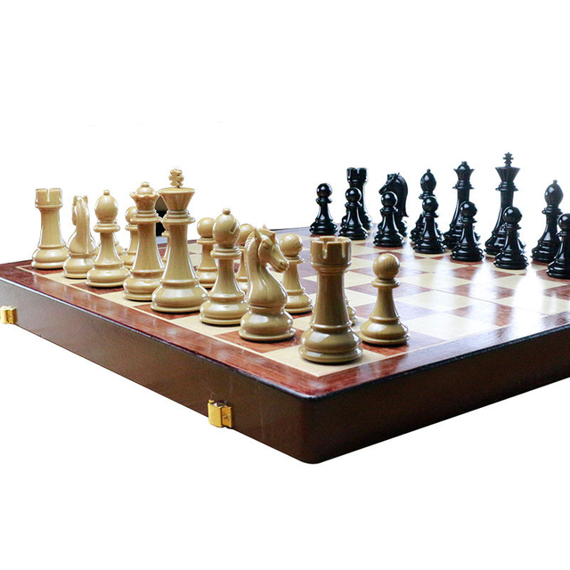 Luxury Travel Chess Set with Classic Metal Pieces and Folding Storage Wooden Chess Board