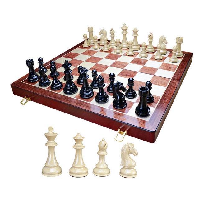 Luxury Travel Chess Set with Classic Metal Pieces and Folding Storage Wooden Chess Board