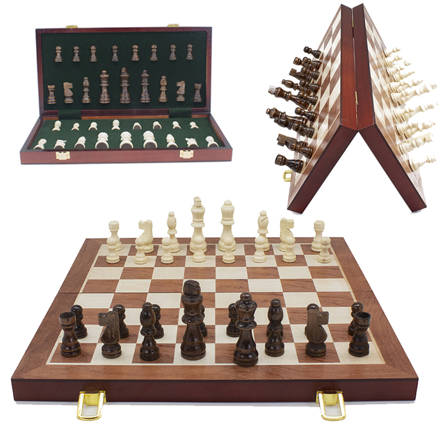 Luxury Travel Chess Set with Classic Metal Pieces And Folding Storage Wooden Chess Board