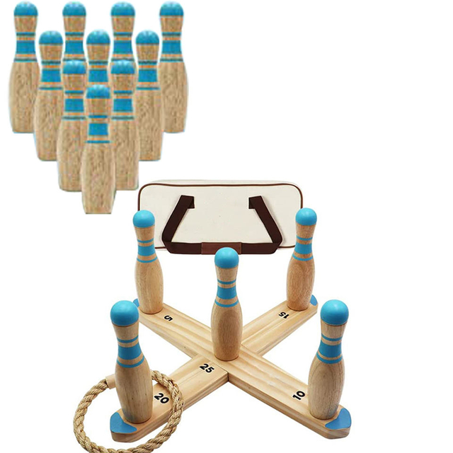 Ring Toss Game Set with 2 in 1 Bowling Ball with 6 Durable Rope , 2 Balls, 10 Pins
