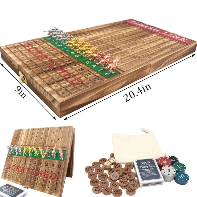 Thickened Solid Wood 11 Luxurious Durable Classic Metal Horses 2 Dice and 1 Boxes of Cards Horse Racing Game Horse Race Board