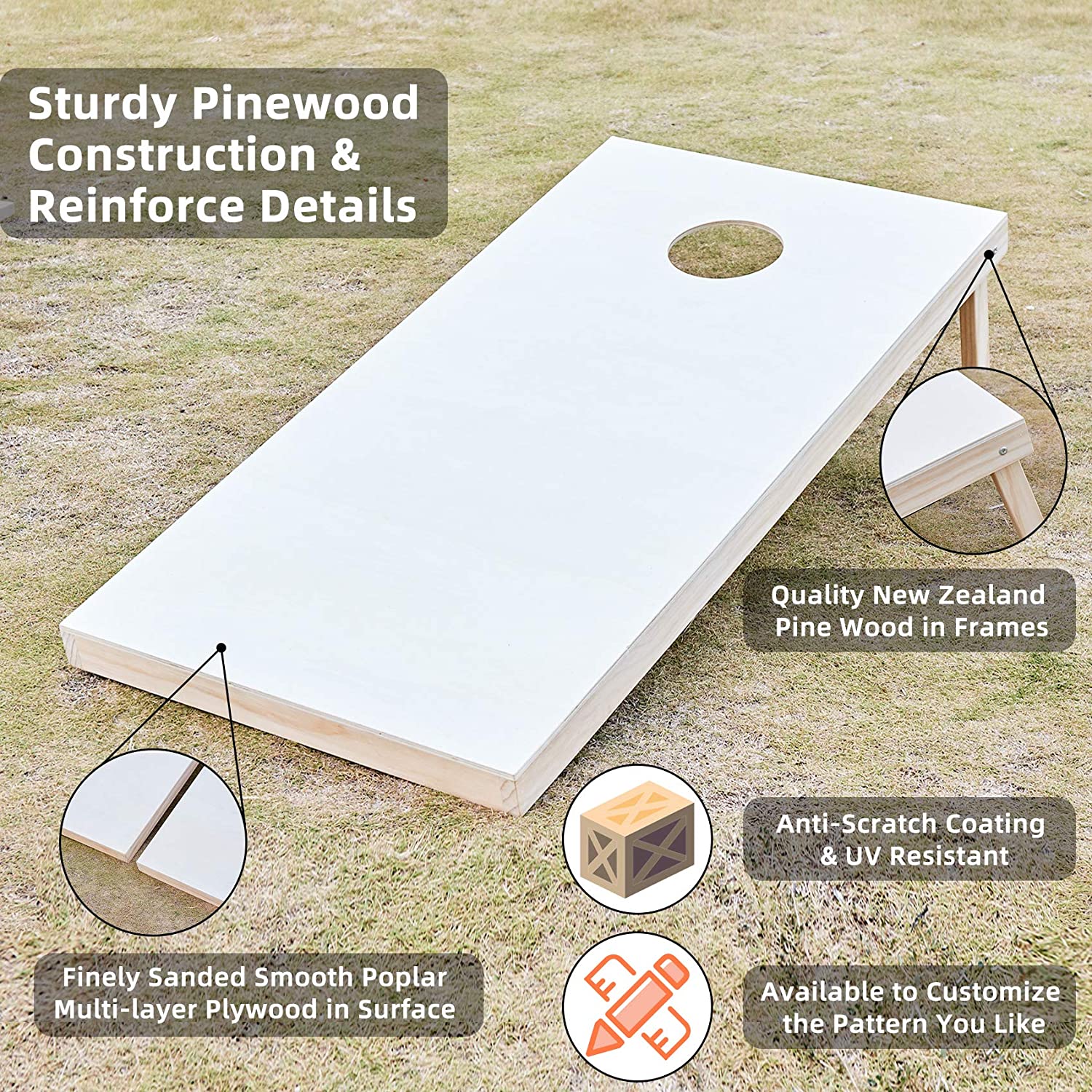 Tournament Edition Regulation Cornhole Game Set - 4’ X 2’ Wood Boards with 8 Dual Sided (Slide And Stop) Bean Bags, Natural