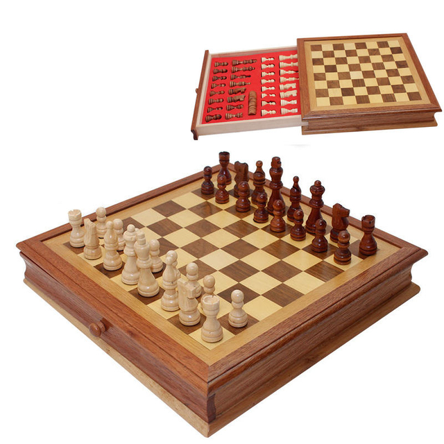 Wooden Chess & Checkers Set with Storage Drawer 15 Inch Classic 2 in 1 Board Games for Kids And Adults Travel Portable Game Sets