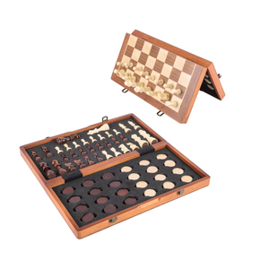 25-Year Manufacturer's Unisex Wooden Chess Checkers SET 15" Magnetic Folding Board 3" King Height Pine Wood Pieces Vintage