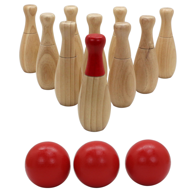 Backyard Lawn Bowling Game Family Fun for Kids and Adults 10 Wooden Pins, 2 Balls.