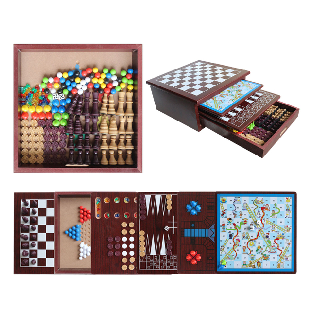 Board Game Set Deluxe 10 in 1 Tabletop Wood accented Game Center Tic Tac Toe Solitaire Snakes and Ladders Mancala Backgammon