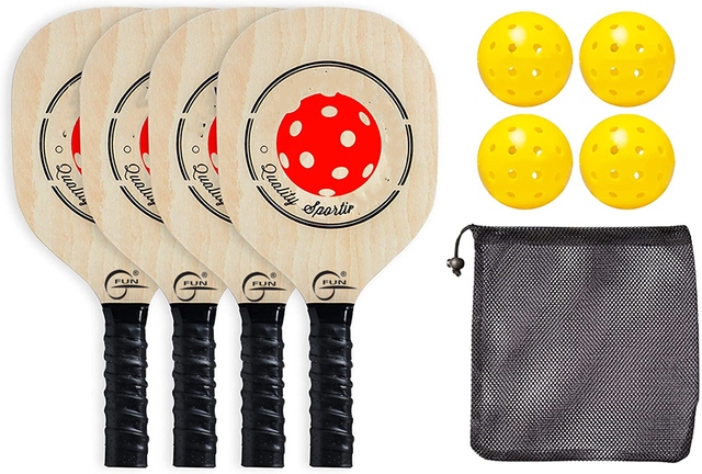 ickleball Wood 4-Paddle Set - Pickleball Paddle Set Includes 4 Wood Pickleball Paddles, 4 Pickleballs, 1 Mesh Carry Bag, and 1 Quality Box