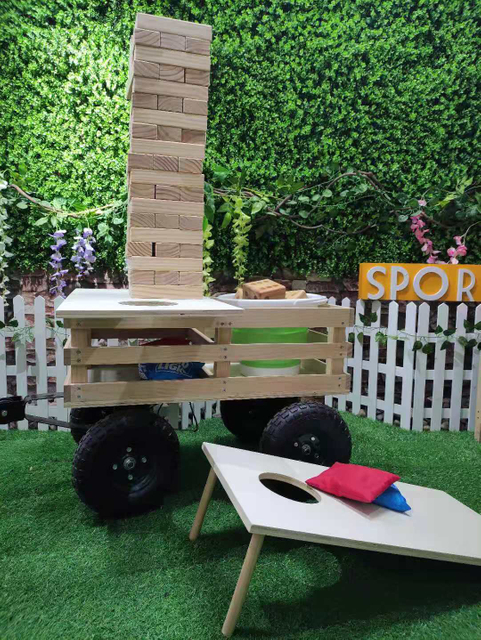 Wooden Wagon Game Center Including Many Outdoor Game Cornhole, Washers,tumbling Tower ,Yard Dice And Pong 