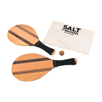  Luxury Wood Beach Paddle Ball Set - 2 Teak Wood Paddle Rackets, 2 White Beach Paddleballs, and 1 Carry Bag (White)
