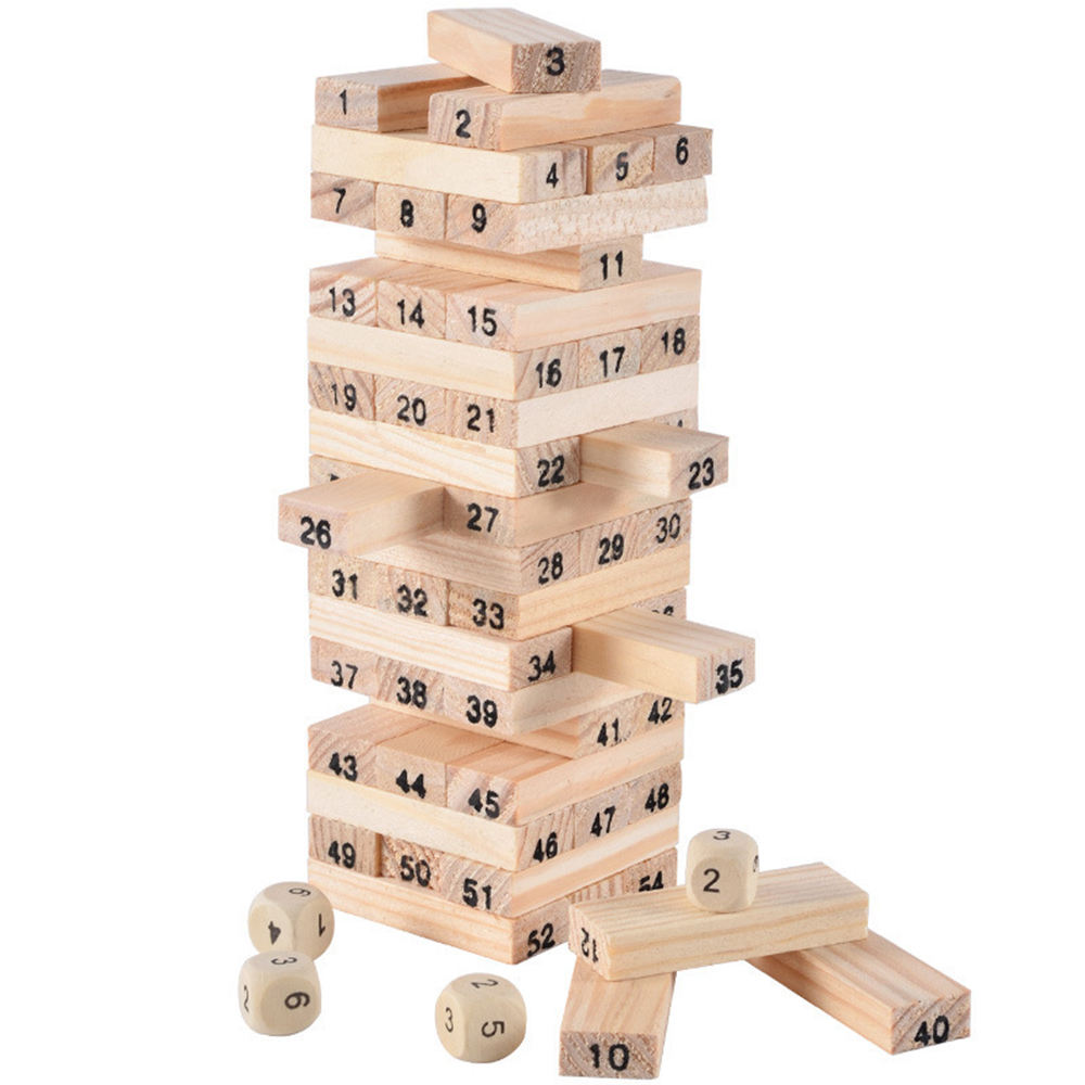 48pcs 54pcs Colorful Wooden Tumbling Tower Game Set Number Print Tumble Tower with Dice and Penalty Cards for Tabletop Fun.