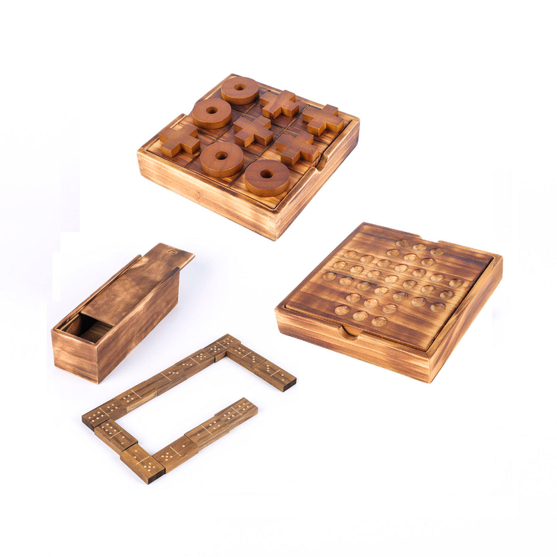 3 Wooden Board Games in 1 Set Education Toy Toe-Coffee Table Decor Wholesale Tic Tac Toe XO Peg Solitaire Double 6 Dominoes