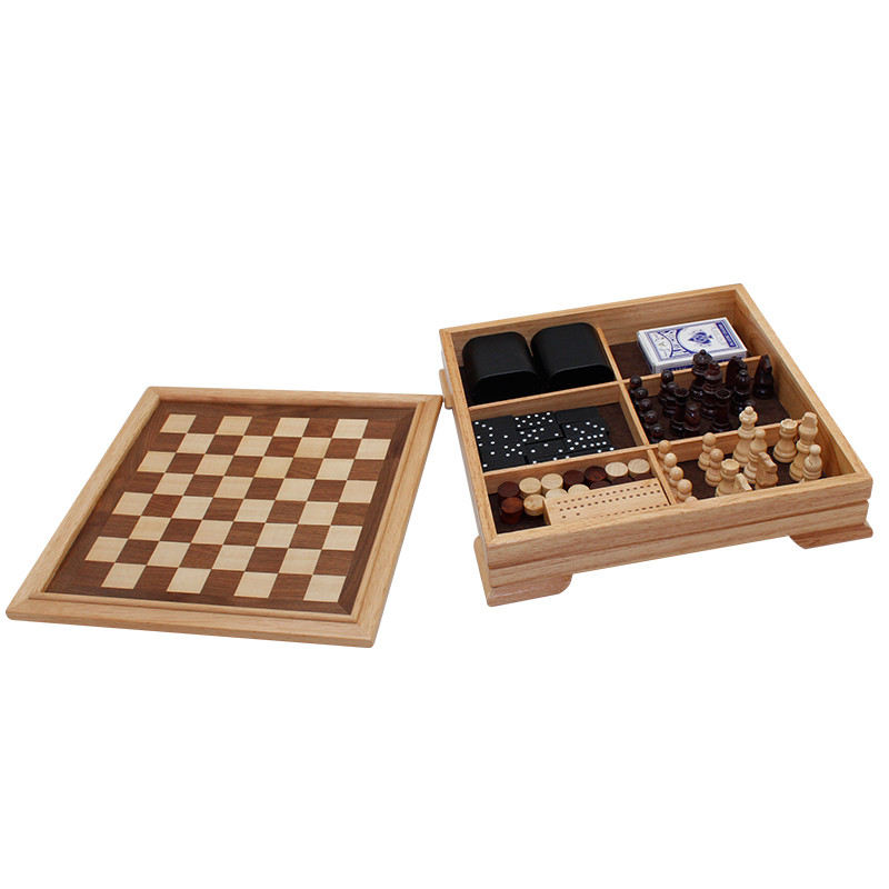 Wooden 5-in-1 Chess, Checkers,Playing Cards, Dominoes and Cribbage Board Game Combo Set