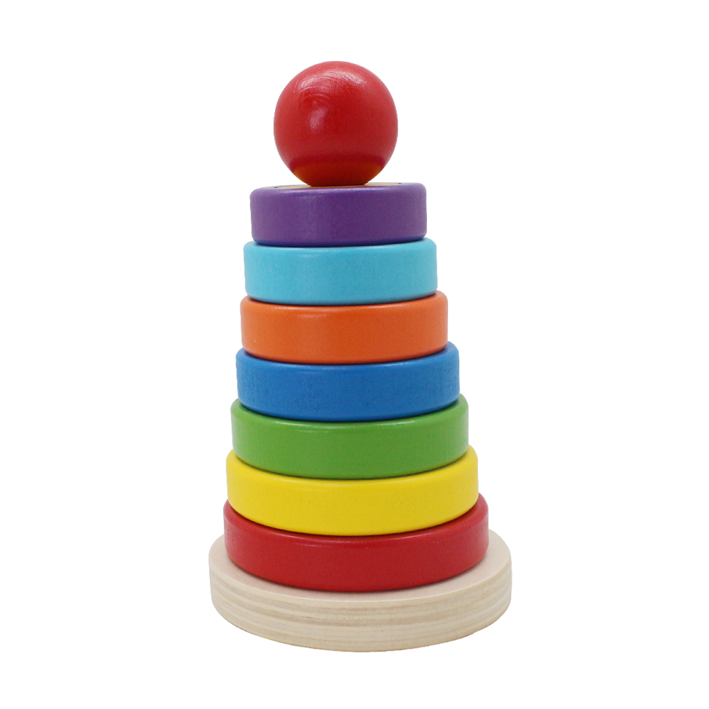 Wood Rainbow Tower Stack Rings Educational Preschool Toddler Shape Color Stack 