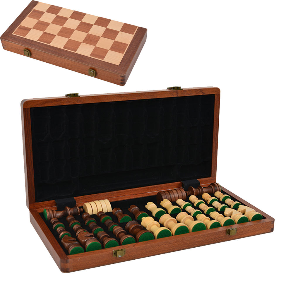 25 years Manufacturer 15" Wooden chess & Checkers SET Folding Board 3" King Height Chess Pieces Beech wood Vintage