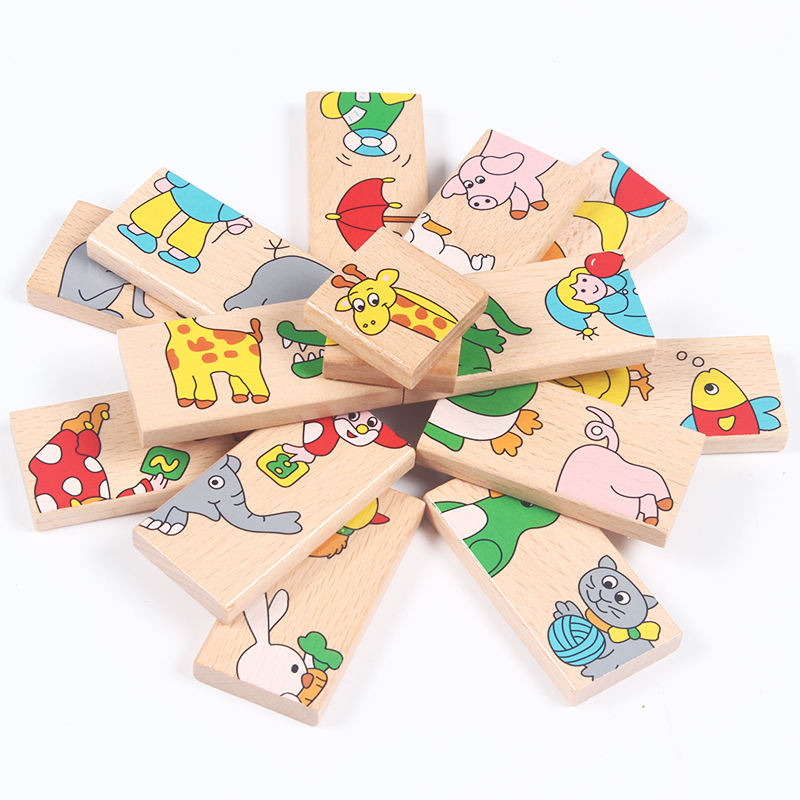 14 Pcs of Educational Wooden Toy Domino Animal Puzzles Kids Game Gift Domino Tiles Set for Toddler