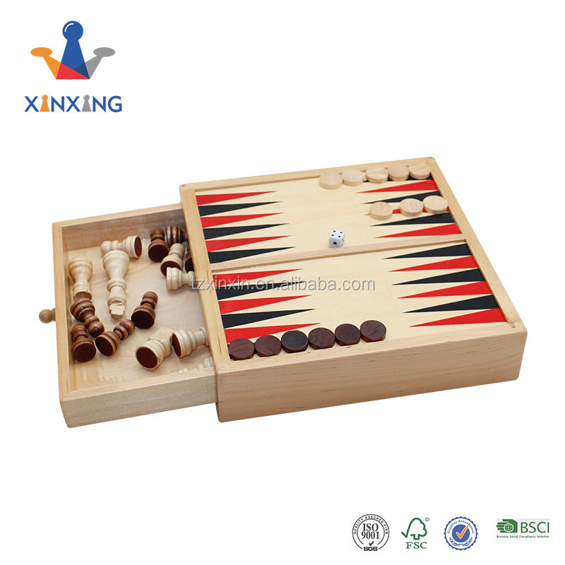 Theme Chess Draughts Backgammon Set Handmade Wooden Chess Box with Chess Pieces and Checkers.