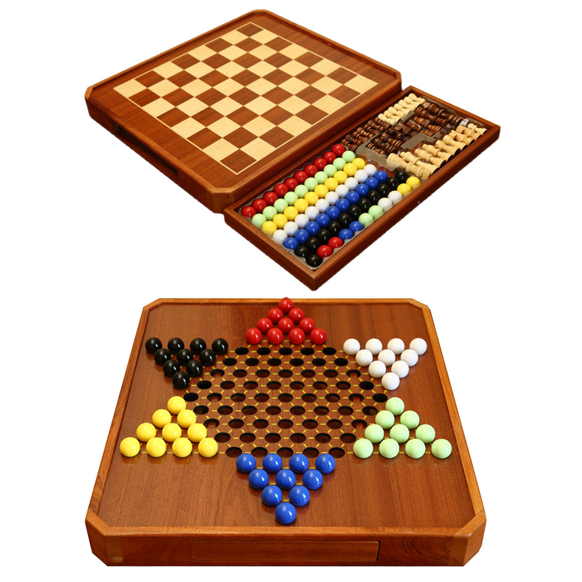 15" Wooden Chess Chinese Checkers Game Set Magnetic Chess Set 2 in 1 Board Games with Storage Drawer