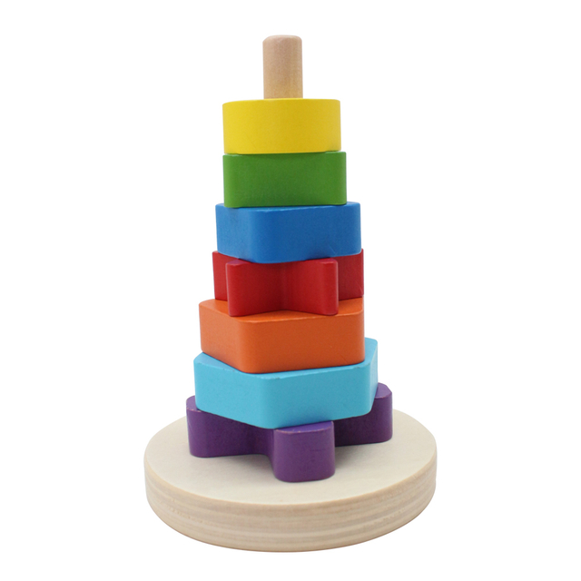 Wood Rainbow Tower Stack Rings Educational Preschool Toddler Shape Color Stack 