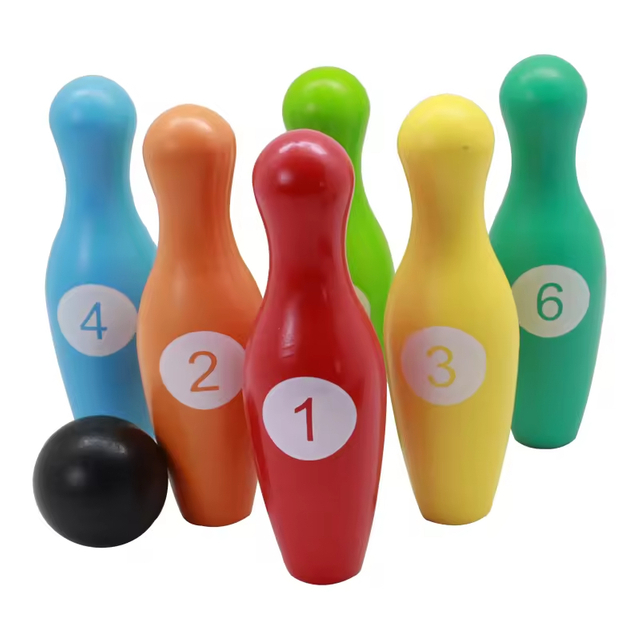 10 Colorful Wooden Bowling Pins and 2 Wooden Balls for Indoor & Outdoor Sports Bowling Games.