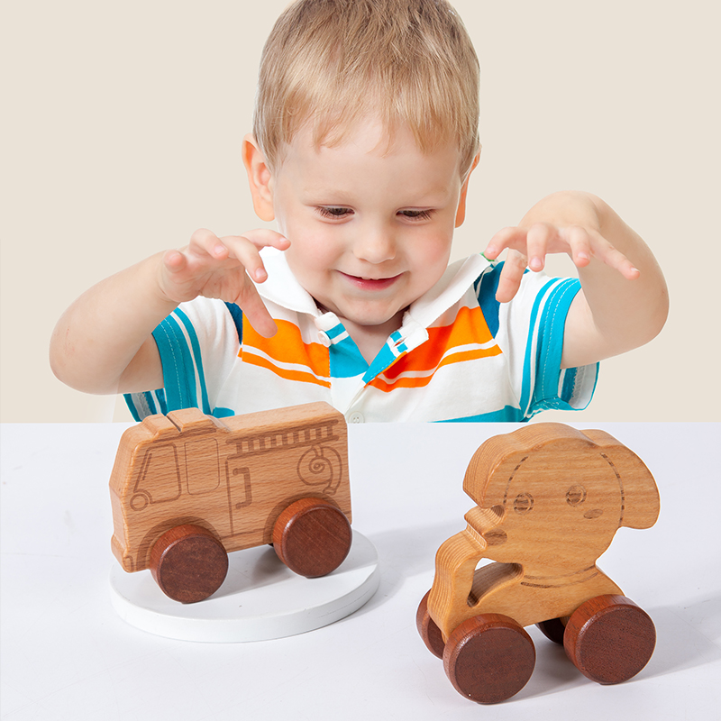 Wooden Cars for Toddlers 1-3 & Babies Wooden Pull Toy Baby Wooden Baby Rattle Teething Toys Montessori Wooden Toy