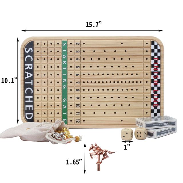  15.7 inches Solid Wood Game Board Metal or Wooden Horses 2 Sets of Dice and 2 Boxes of Cards Wood Race Game Board