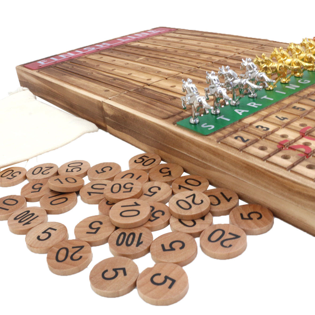  21 inches Solid Wood with 11 Metal Horses with 4 Dice and 2 Cards Finish Line Horse Racing Game Horse Race Board