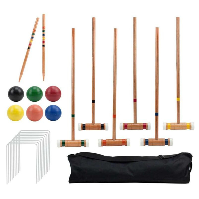 Six Player Croquet Set with Wooden Mallets Colored Balls for Lawn, Backyard and Park, 28 Inch