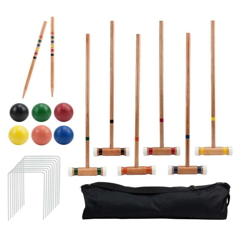 Six Player Croquet Set with Wooden Mallets Colored Balls for Lawn, Backyard and Park, 28 Inch