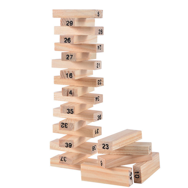 48pcs 54pcs Colorful Wooden Tumbling Tower Game Set Number Print Tumble Tower with Dice and Penalty Cards for Tabletop Fun.