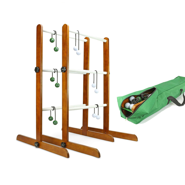No Tool Assembly Ladder Toss Indoor Outdoor Game Set with 2 Wooden Ladders 6 Soft Rubber Bolo Balls and Travel Carrying Case