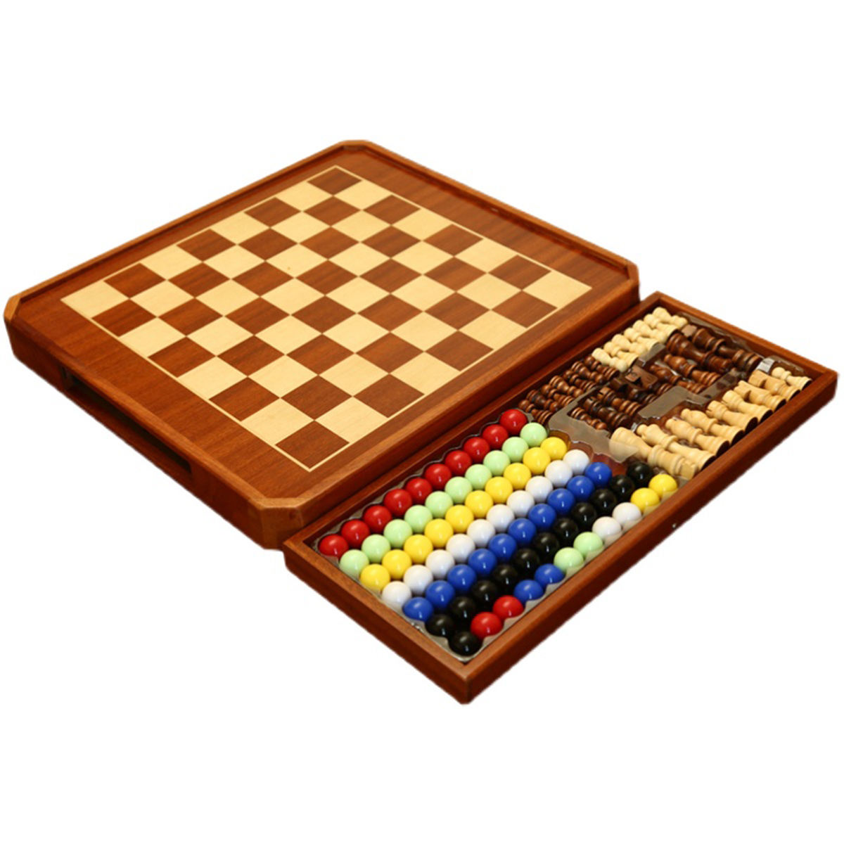 15" Wooden Chess Chinese Checkers Game Set Magnetic Chess Set 2 in 1 Board Games with Storage Drawer