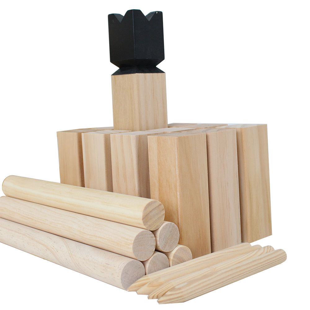 10" Kubb Game With Wooden Storage Crate Outdoor Throwing Game Wood Set with Red Crown Viking Chess Adult Yard Garden Games。