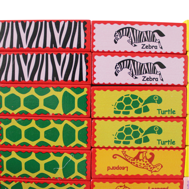 Wooden Board Game Tumbling Tower and Domino 2 games in 1 set with Animal Patterns for kids and Preschool