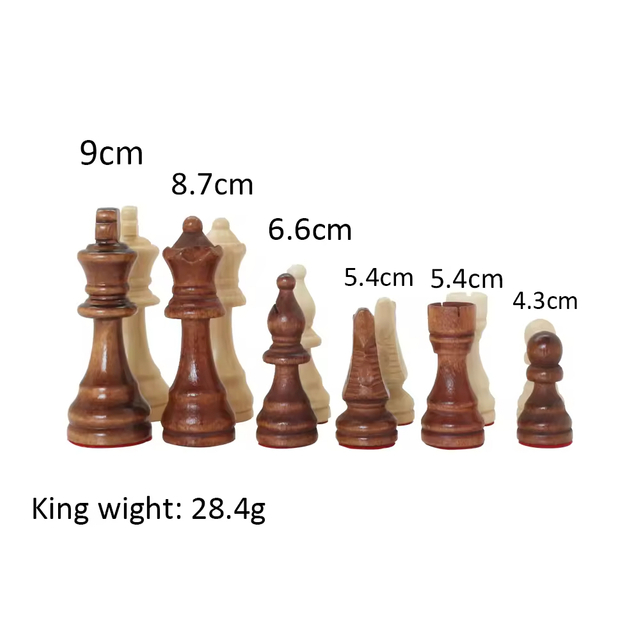 Wooden Large sized weighted chess set pieces King Height: 9cm Weight: 28.4g Factory products accept customization.