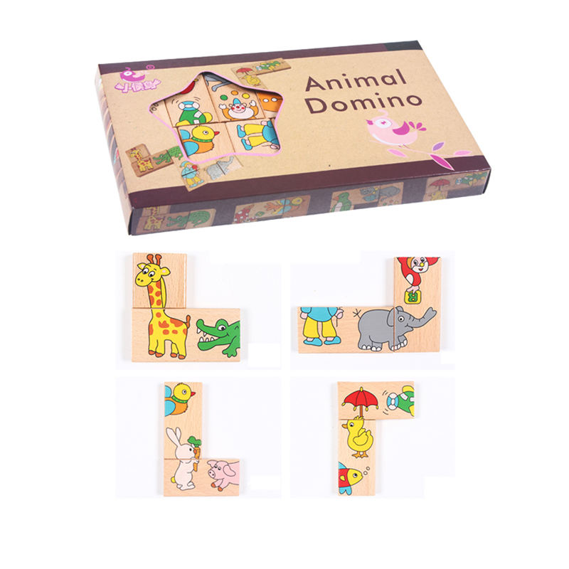 14 Pcs of Educational Wooden Toy Domino Animal Puzzles Kids Game Gift Domino Tiles Set for Toddler