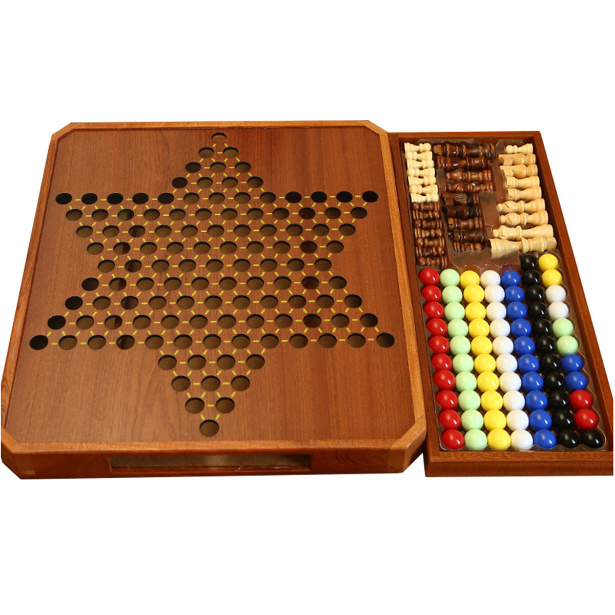 15" Wooden Chess Chinese Checkers Game Set Magnetic Chess Set 2 in 1 Board Games with Storage Drawer