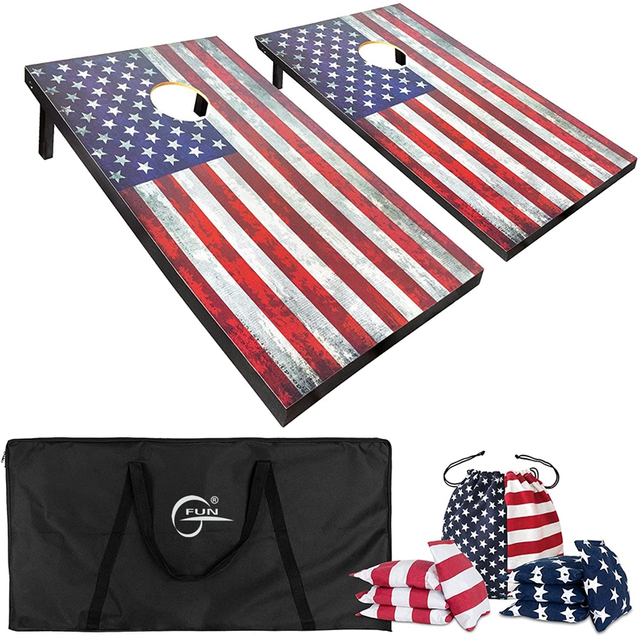 Premium USA Flag Series All-Wood Cornhole Set - Includes 2 Regulation Cornhole Boards,Carrying Case And 8 Cornhole BagsFun Outdoor Game for Holiday Weekends,cookouts