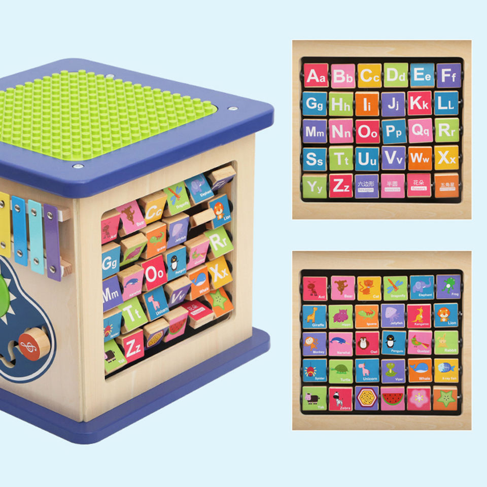 Wooden Toy Cube Bead Maze Alphabet Shape Matching Numbers Blocks Knocking Piano Musical Toys Clock Door Open Close Toy Car