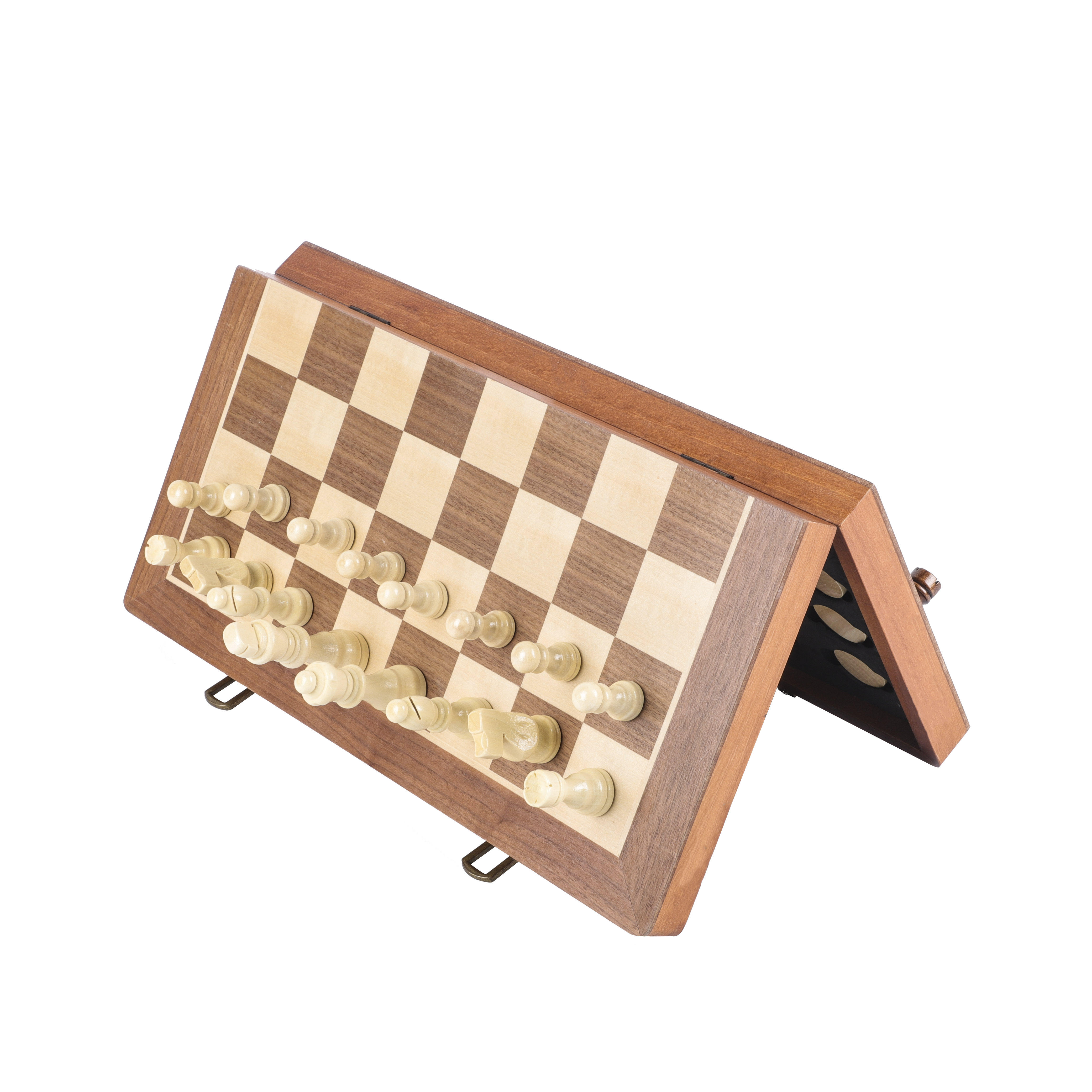 25-Year Manufacturer's Unisex Wooden Chess Checkers SET 15" Magnetic Folding Board 3" King Height Pine Wood Pieces Vintage